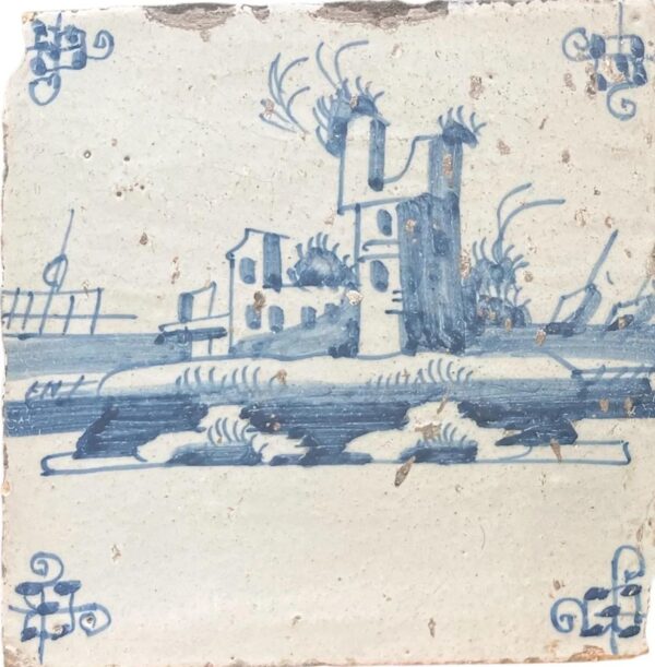 Delft Tile with a castle and ships - 18th century
