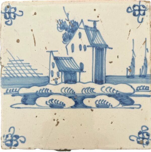 Delft Tile with a farmhouse and sailing boats - 18th century