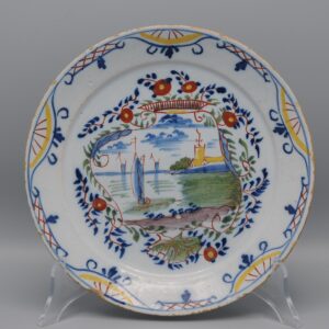 Delft polychrome plate with a cartouche depicting ships - mid 18th century
